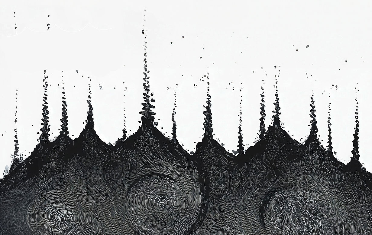 Abstract charcoal drawing of heavy rainclouds or a thunderstorm but upside down.